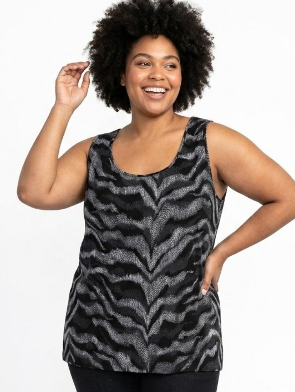 Catherines Plus Size Black and Gray Zebra-Print Sleeveless Knit Tank